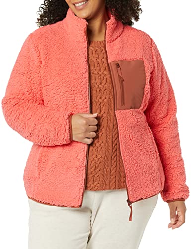 Amazon Essentials Sherpa Color Blocked Long-Sleeve Mockneck Full-Zip Jacket Chaqueta de Forro Polar, Rosa Coral/Marrón Tabaco, XL