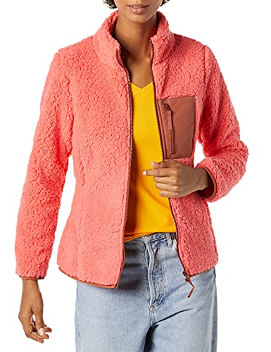 Amazon Essentials Sherpa Color Blocked Long-Sleeve Mockneck Full-Zip Jacket Chaqueta de Forro Polar, Rosa Coral/Marrón Tabaco, XL