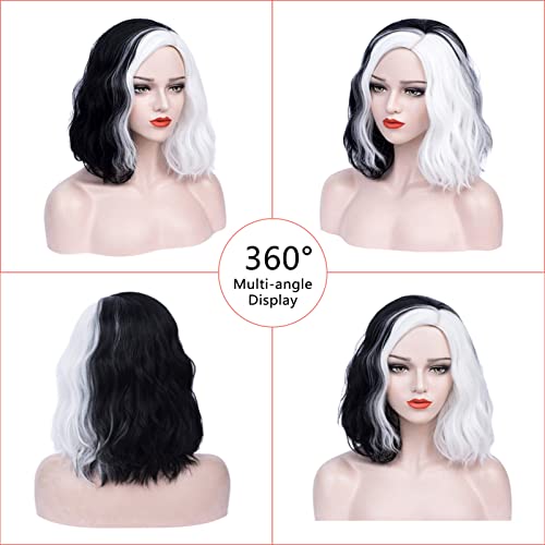 AMOBON Carnaval Cruella Peluca Blanco y Negro, Anime Cosplay Pelucas para Disfraz de Cruella Deville, Wig de Pelo Rizado de Longitud Media para Mardi Gras Carnival Fiesta Party