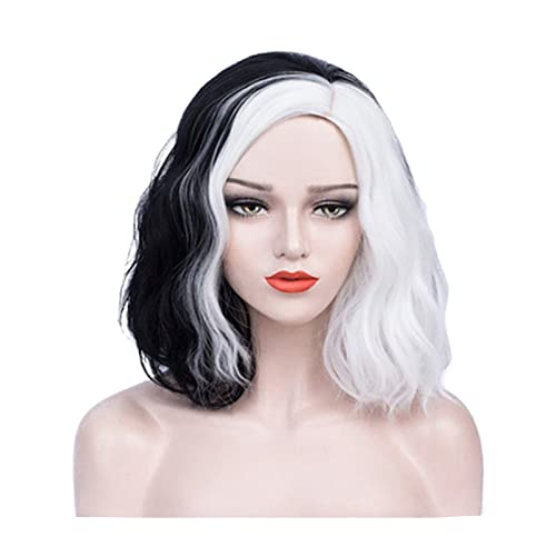 AMOBON Carnaval Cruella Peluca Blanco y Negro, Anime Cosplay Pelucas para Disfraz de Cruella Deville, Wig de Pelo Rizado de Longitud Media para Mardi Gras Carnival Fiesta Party