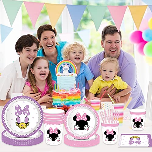 Amycute Vajilla de Cumpleaños de Niños de Minnie, 69Pcs Vajilla Set de Mickey Mouse para Cumpleaños Party Decoration Baby Shower, Incluye Platos Vasos Servilletas Pajas