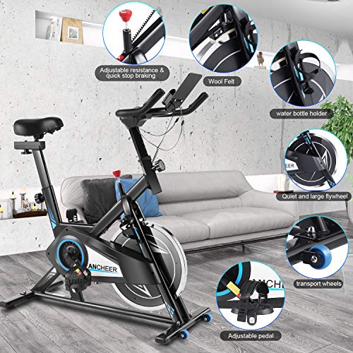 ANCHEER Bicicleta Spinning, Bicicleta Estática Fitness Interior Bicicletas de Ejercicio, Volante de Inercia 10kg, App Conexión, Pantalla LCD, Resistencia/Sillin/Manillar Ajustable