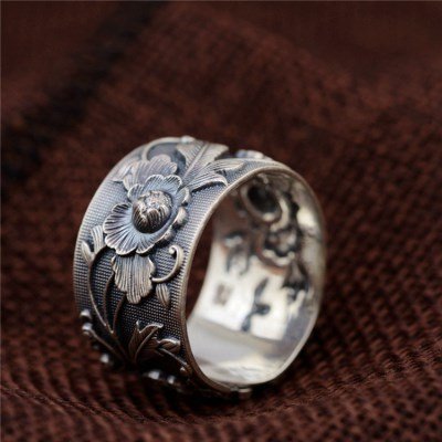 Anillo de flores de peonía de plata de ley 990 negro para mujer niña 15mm ajustable 18-20