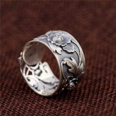 Anillo de flores de peonía de plata de ley 990 negro para mujer niña 15mm ajustable 18-20