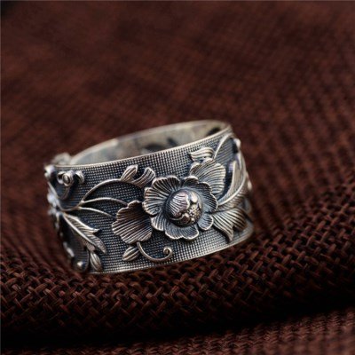 Anillo de flores de peonía de plata de ley 990 negro para mujer niña 15mm ajustable 18-20