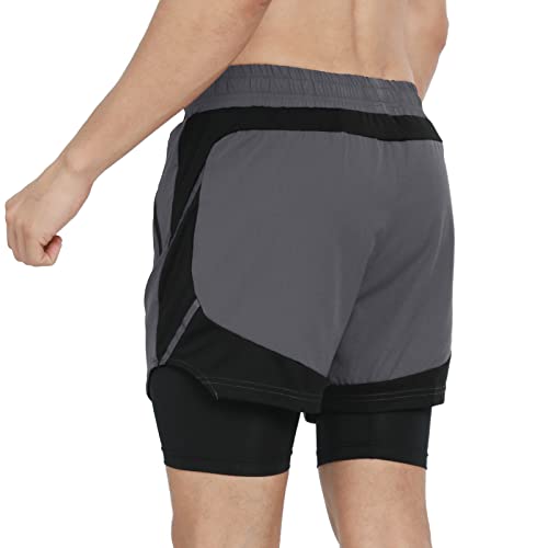 ARSUXEO Pantalones cortos deportivos 2 en 1 para hombre con 2 bolsillos con cremallera B191, Gris oscuro, Large