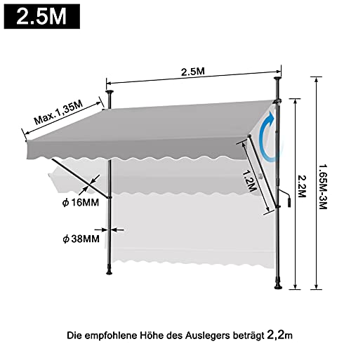 AufuN Toldo retráctil manual, 250 cm, color gris claro, sin agujeros, protección solar de poliéster, resistente a los rayos UV y altura regulable, 250 x 120 cm