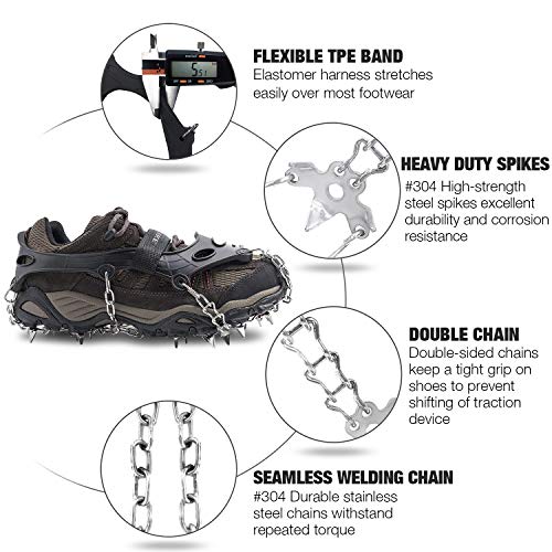 AUHIKE 19 Garras de Dientes Crampones Cubierta Antideslizante de Zapatos con Cadena de Acero Inoxidable para Excursiones Pesca Escalada Trotar Montañismo Caminata sobre Nieve y Hielo (L)