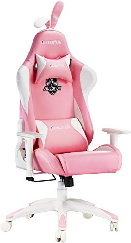 AutoFull Silla de Juegos Rosa de Piel sintética con Respaldo Alto, ergonómica, para Oficina, Escritorio de Carreras con Soporte Lumbar, Orejas de Conejo, with Rabbit Ears and Tail