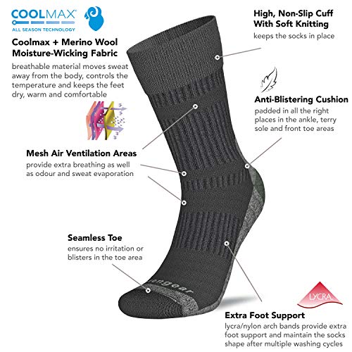 aZengear Calcetines de Senderismo y Trekking de Lana Merina y Coolmax para hombres y mujeres - Punta sin costuras - Acolchado - Transpirable y suave - S