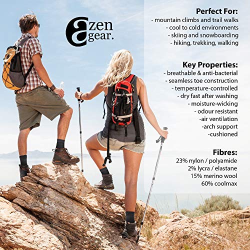 aZengear Calcetines de Senderismo y Trekking de Lana Merina y Coolmax para hombres y mujeres - Punta sin costuras - Acolchado - Transpirable y suave - S