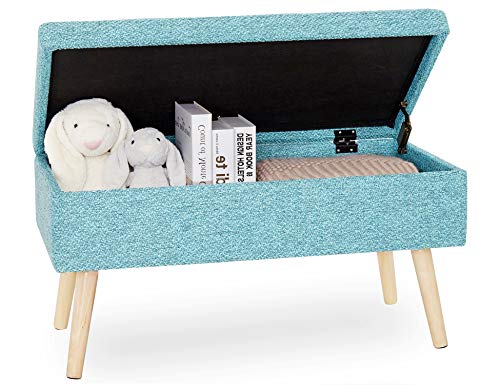 Banco Almacenaje con Tapa Baúl con Caja de Almacenamiento Silla Ottoman Puff Taburete Banco Acolchado con Patas de Madera Maciza Zapatero con Asiento de Lino para Dormitorio Cama Sala Corredor (Azul)