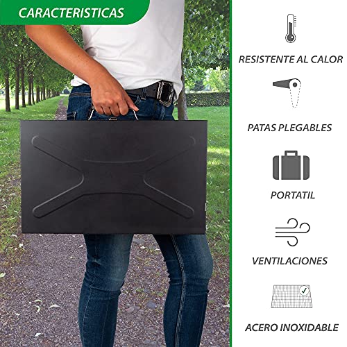 Barbacoa de carbón portátil para exteriores – BBQ maletín plegable para poder usarla en patios, terrazas, campings y exteriores – Espátula y tenedor incluidos - 44x27x22 cm – 1,9 kg