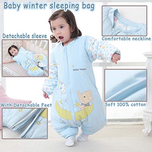 Bebé Saco de Dormir Invierno para Niños Niñas Manga larga Algodón Pijama Mamelucos Mono Traje de dormir 18-36 meses, azul