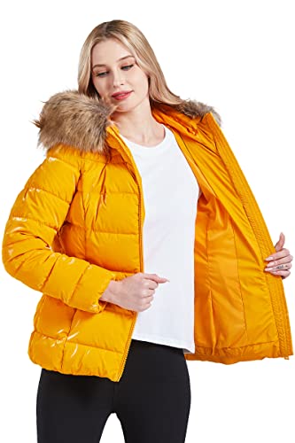 BELLIVERA Chaqueta Acolchada para Mujer Abrigo Cálido de Invierno con Capucha y Abrigo con Cuello de piel Desmontable 7695 Amarillo S