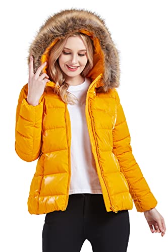 BELLIVERA Chaqueta Acolchada para Mujer Abrigo Cálido de Invierno con Capucha y Abrigo con Cuello de piel Desmontable 7695 Amarillo S