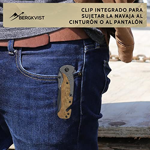 BERGKVIST K39 Waldholz Cuchillo plegable en edición madera del bosque - navaja de bolsillo 3 en 1 con rompecristales y cortacinturones para exteriores, caza y supervivencia