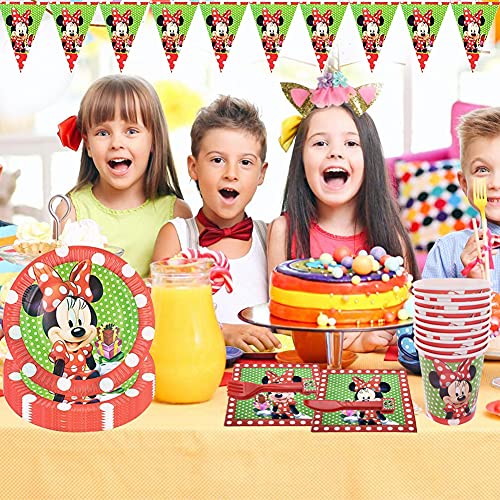 BESTZYMinnie Juego de fiesta de cumpleaños 82 Piezas Decoraciones Cumpleaños Minnie Vajilla de Fiesta TemÁTica de Disney Decoraciones para Cumpleaños（Rojo）