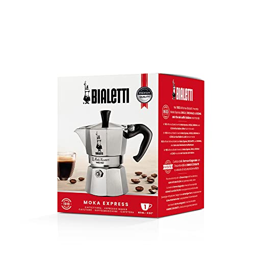 Bialetti - Moka Express: Icónica Cafetera Italiana para Espresso, Auténtico Café Italiano, Cafetera Moka 1 Taza (60 Ml), Aluminio, Plata