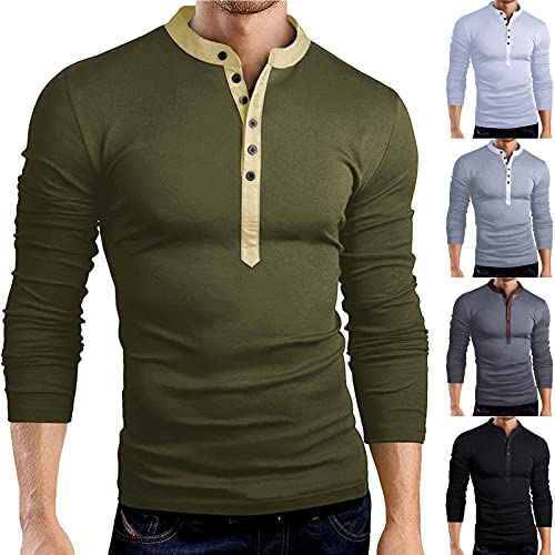 Binggong Camiseta de manga larga para hombre, cuello en V, botones, para el tiempo libre, básica, para negocios, fitness, monocolor, corte regular, manga larga, ropa deportiva de manga larga