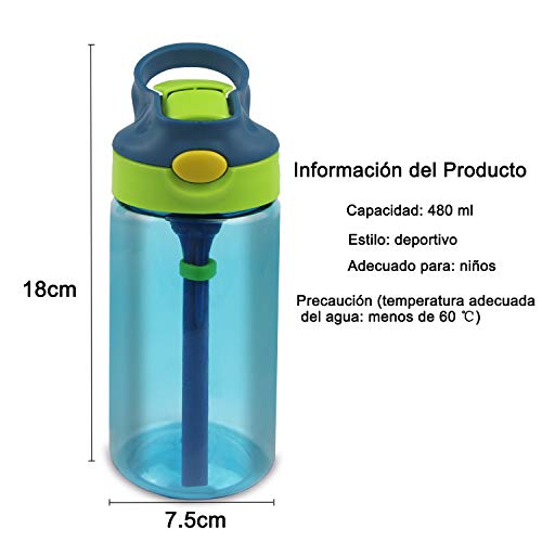 Bioasis Botella de Agua para niños de 480 ml, botella para niños a partir de 36 meses, sin BPA, Tazas para niños aisladas de derrames con Pajita para Viajes Escolares, Azul