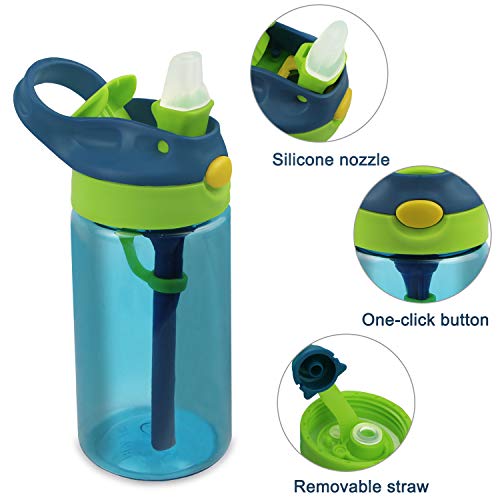 Bioasis Botella de Agua para niños de 480 ml, botella para niños a partir de 36 meses, sin BPA, Tazas para niños aisladas de derrames con Pajita para Viajes Escolares, Azul