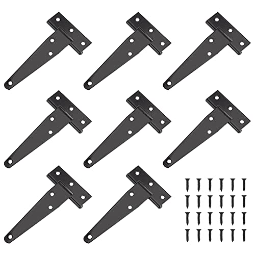 Bisagras en T, 8 Piezas Negro Bisagras Triángulo Puertas Madera Hierro con 48 Tornillos, Hardware para Puerta de Granero, Cobertizo, Jardín(4 Pulgadas)