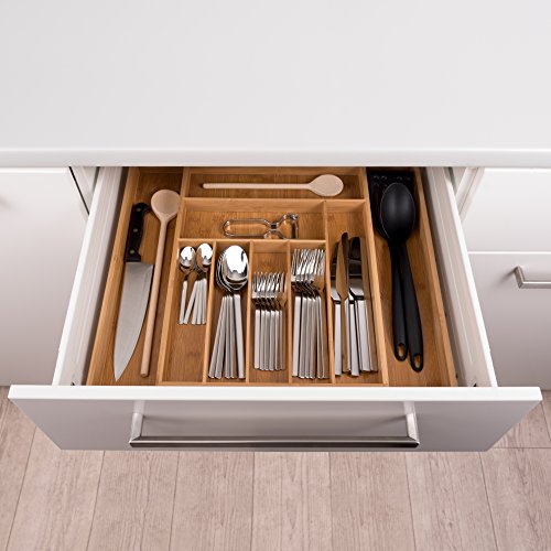 Blumtal Organizador de Cubiertos y cajones de Cocina de Bambú con Compartimentos Ajustables 7 a 9 compartimientos 33,7- 50 x 44,5 x 5 cm (Grande)