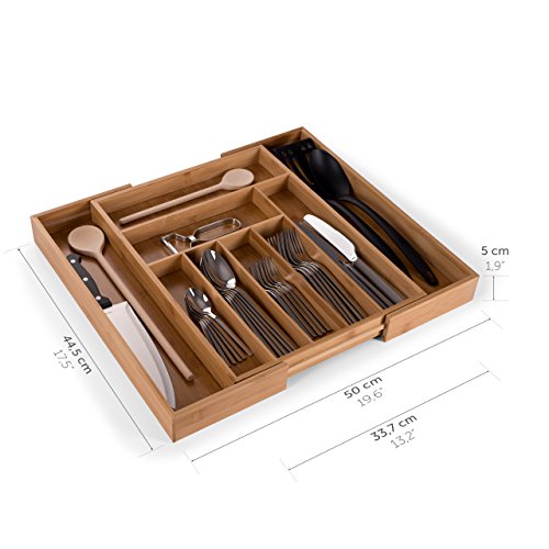 Blumtal Organizador de Cubiertos y cajones de Cocina de Bambú con Compartimentos Ajustables 7 a 9 compartimientos 33,7- 50 x 44,5 x 5 cm (Grande)