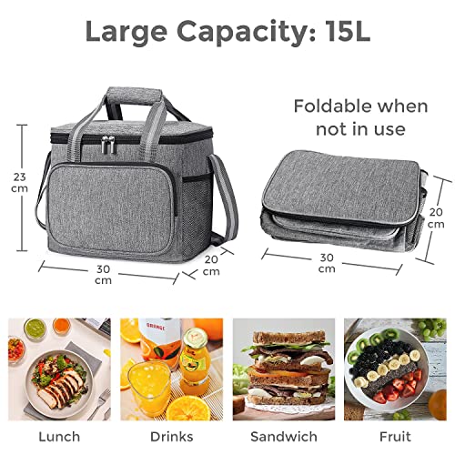 Bolsa Térmica Porta Alimentos 15L, Nevera Portatil Bolsa Isotermica Plegable, Gran Capacidad, Impermeable, Genial para Picnic, Playa, Camping, Viaje, Trabajo, almuerzo, oficina, escuela (gris)