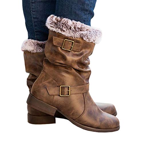 Botas Altas Invierno Mujer, Botas de Nieve Caña Ancha Zapatos Mujer Cuña Planos Sintética Peluche Jinete Bajo Cómodos Peludas Calentitas 2020