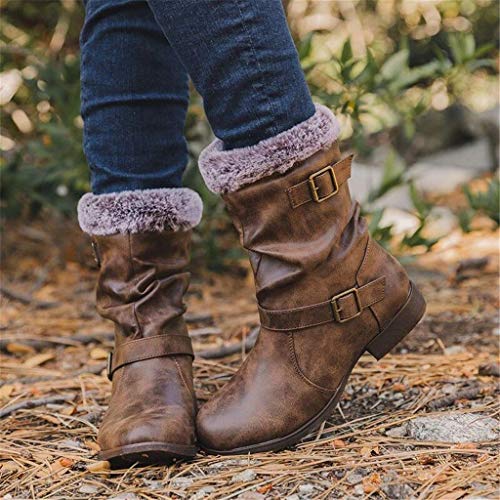 Botas Altas Invierno Mujer, Botas de Nieve Caña Ancha Zapatos Mujer Cuña Planos Sintética Peluche Jinete Bajo Cómodos Peludas Calentitas 2020