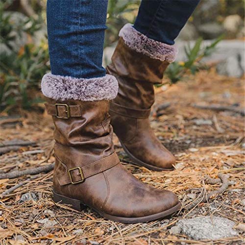 Botas Altas Invierno Mujer, Botas de Nieve Caña Ancha Zapatos Mujer Cuña Planos Sintética Peluche Jinete Bajo Cómodos Peludas Calentitas 2020