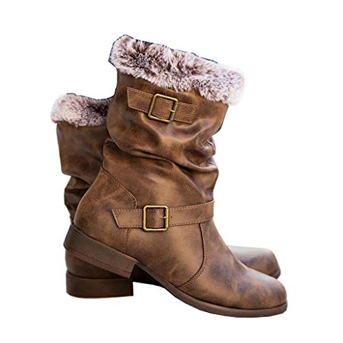 Botas Altas Invierno Mujer, Botas de Nieve Caña Ancha Zapatos Mujer Cuña Planos Sintética Peluche Jinete Bajo Cómodos Peludas Calentitas 2020