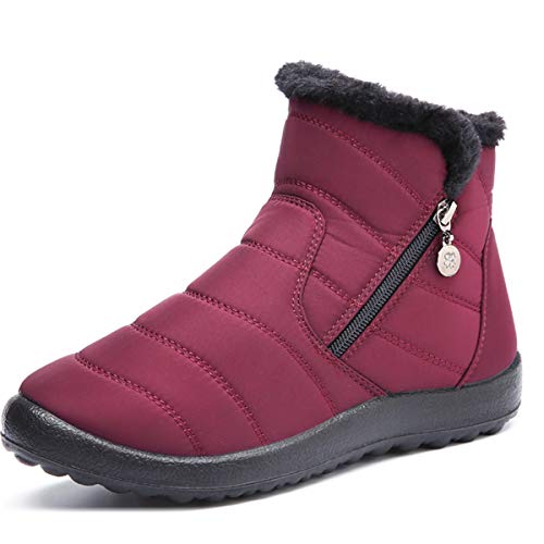 Botas de Nieve para Mujer,Camfosy Botines de Invierno Impermeables Piel Interior cálida Zapatos Planos Tacón Plano Ciudad Botas Antideslizante Cómoda Negro Azul Rojo