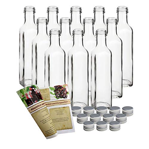 Botellas de cristal vacías, 250 ml, cierre de rosca y folleto de recetas de 28 páginas (idioma español no garantizado) de licor, de vinagre, de aceite, PP31,5 Silber, 12er Set