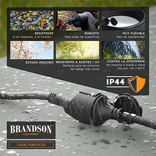 Brandson - 50m - Cable alargador Schuko para exteriores - Max 3500W - IP44 - Enchufe con tapa protectora - Cobre - Revestimiento flexible de goma - Resistente a lluvia impactos aceites UV