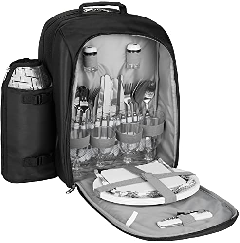 BRUBAKER Mochila de Picnic para 4 Personas Negro/Plata 27 × 38.5 X 21 Cm con Compartimiento de Refrigeración y Portabotellas Aislado