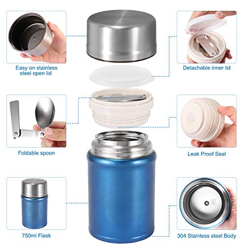 Buluri Termo para Comida 750 ml- Fiambrera Portátil Termo de Acero Inoxidable para Alimentos con Cuchara Plegable, Adecuada para Adultos, Niños y Bebés (Azul)