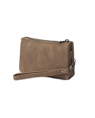 CAMINATTA Bolso De Mano Mujer Pouch Monedero 3 Compartimentos Cierre Cremallera Sintético 10X17X4 (Marrón)