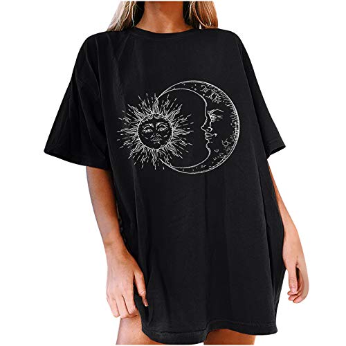 Camisetas Mujer Manga Corta Baratas Casual Largo Camiseta con Cuello Redondo Estampado de Sol y Luna T-Shirt Originales Verano Talla Grande Tops Basicas Suelto Deporte Blusa Camisa de Vestir Tee