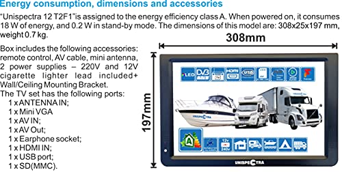 Camper Caravan Bateau 12 pouces LED TV numérique HD DVB-T2 pour la télévision gratuite Dans Toute l'Europe PVR USB 12V 240V et lecteur multimédia, CCTV HDMI par Unispectra® (TV+Soporte de Pared)