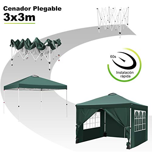 Carpa 3x3 Cenador Plegable Impermeables Carpas de Jardin Pop Up Gazebo con 4 Paredes Laterales y 4 Bolsa de Arena