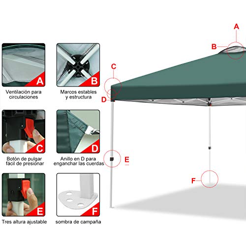 Carpa 3x3 Cenador Plegable Impermeables Carpas de Jardin Pop Up Gazebo con 4 Paredes Laterales y 4 Bolsa de Arena