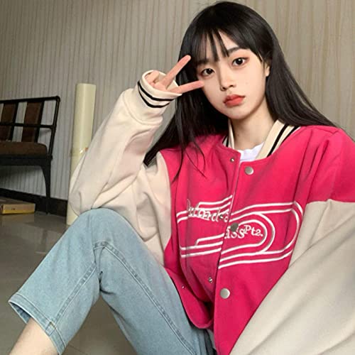 Carta de Mujer Bordado Barball Chaqueta de béisbol Bloque Vintage Harajuku Chaqueta 2021 Spring Oversized V-Cuello Abrigos Streetwear 2021