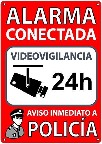 Cartel Alarma Conectada A5 Interior/exterior | Placa Disuasoria PVC Flexible, Cartel Aviso a Policía, 21x15 cm Rojo…