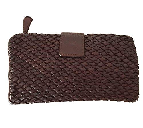 Cartera de cuero genuino trenzado Cartera larga de mujer - Cesare Ganza Roma (Marrón oscuro)