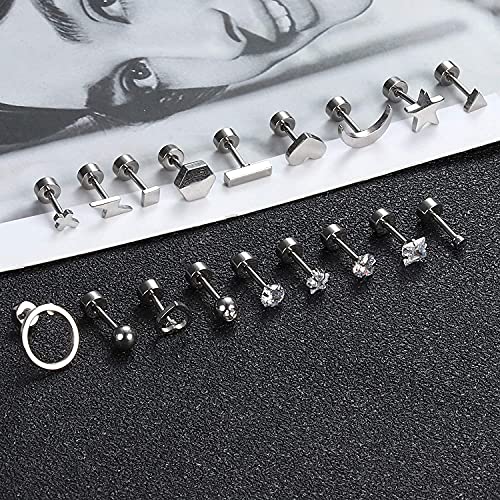 CASSIECA 18 Pares Pendientes Cartílago Oreja de Acero Inoxidable para Mujeres Hombres Pendientes Corazon Estrellas Luna Flor CZ Piercing Conch Tragus Helix Piercing Joyería