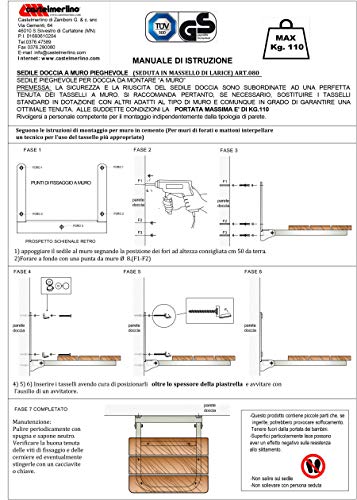 Castelmerlino Asiento de ducha plegable con asiento de alerce macizo TUV GS Certificado - Capacidad CE 110 Kg