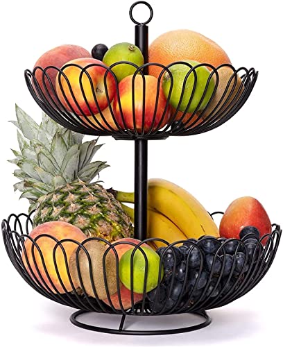 Chefarone frutero de 2 pisos - Cesta de frutas metálica para mostrador y organizador cocina – Fruteros de cocina negro estilo vintage – Para verduras y frutas frescas - Soporte de frutas con cuencos